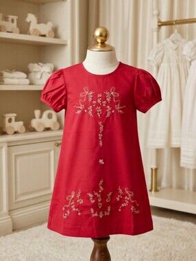 Love Me Hand Embroidered Red Heirloom Puff Sleeve A-Line Dress 3T